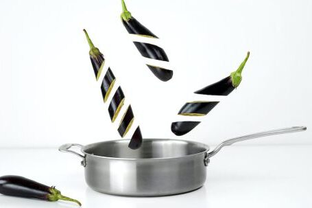 Cookware - Three Sliced Eggplants and Gray Stainless Steel Non-stick Pan