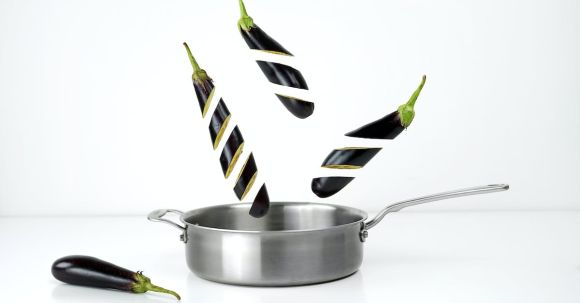 Cookware - Three Sliced Eggplants and Gray Stainless Steel Non-stick Pan